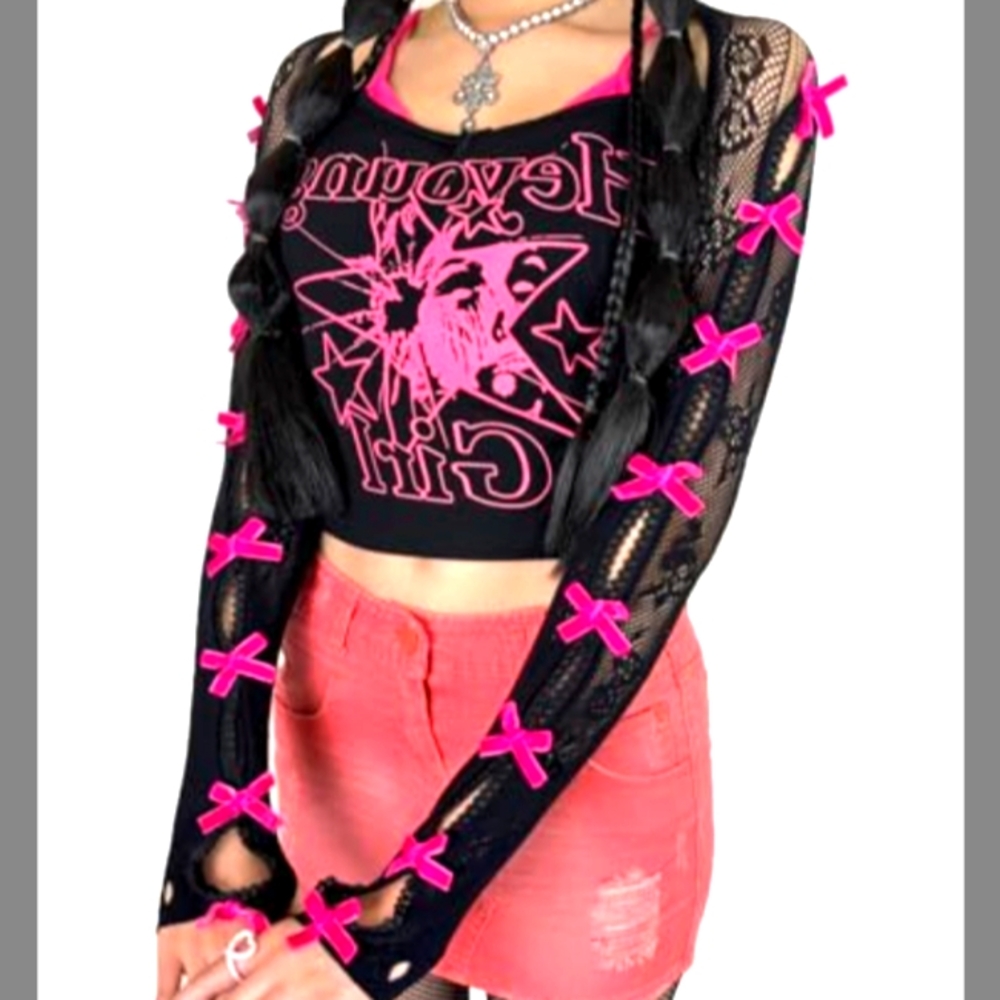 Black and Pink Rose Fishnet Bow Shrug